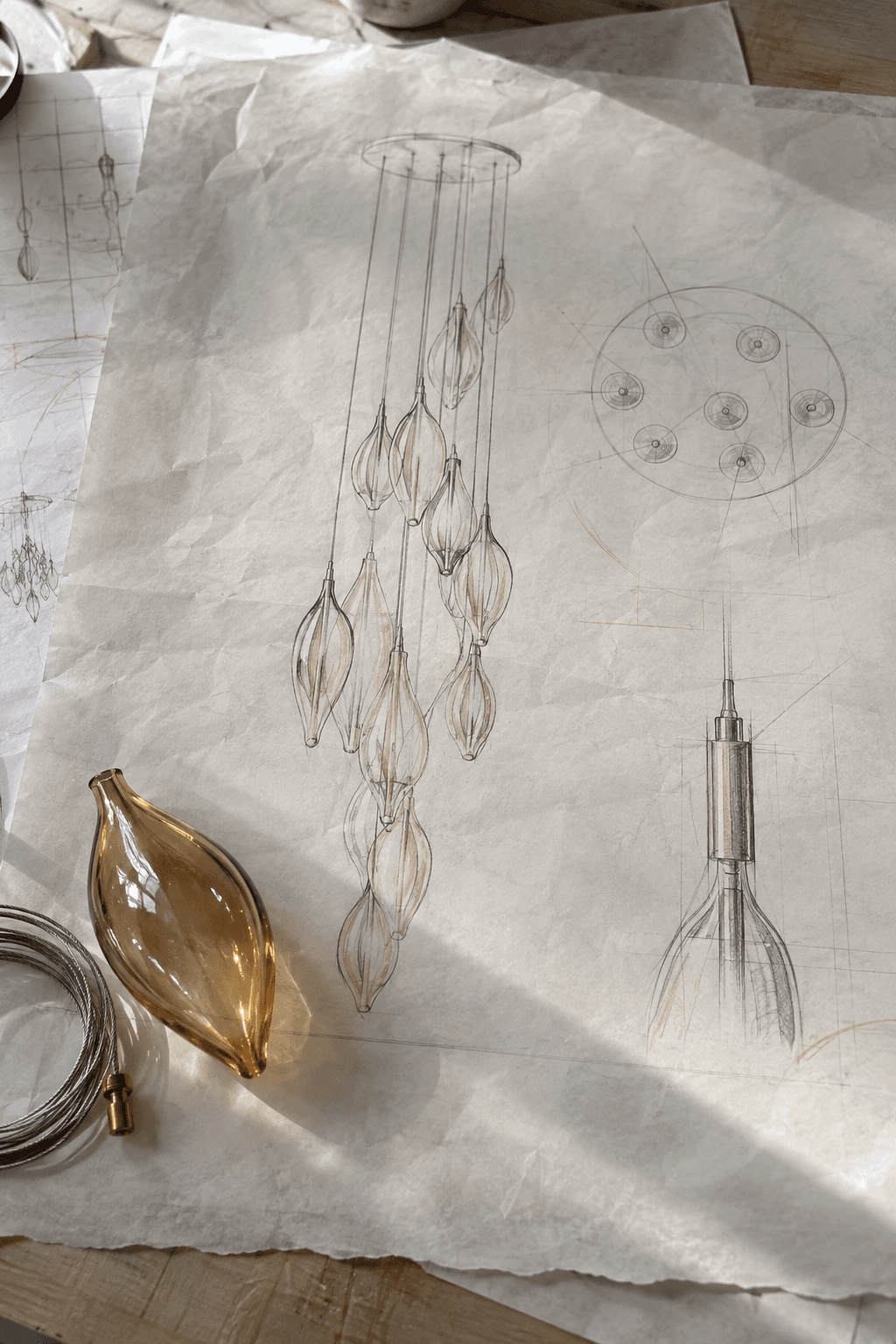 Dibujos de trabajo de una luminaria de vidrio junto a una muestra y cable de suspensión