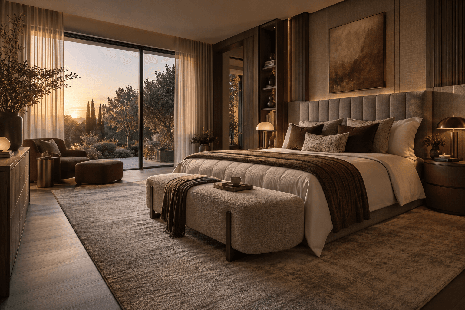 Visualización conceptual de un salón residencial de tonos cálidos y materiales naturales